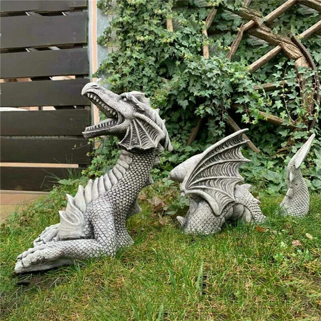 3TLG GARTENFIGUR GARTENDRACHE Modell groß Fantasy Figur Deko Drache