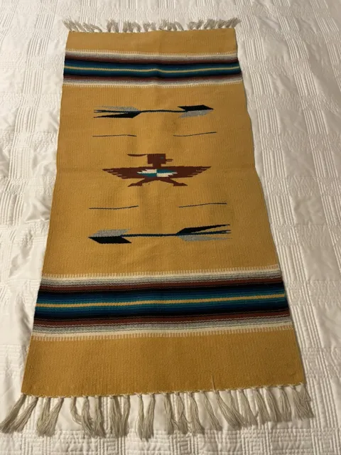 Vtg Chimayo Navajo Style 1950s Textile Rug Hand Woven Thunderbird 40x20”