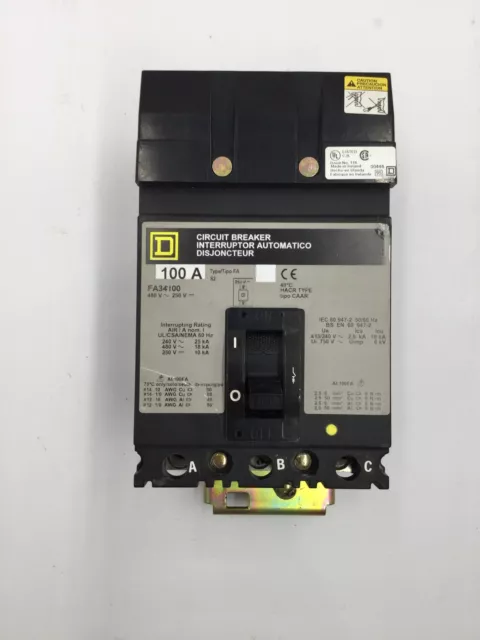 Square D FA34100 100 Amp 480 Volt 3 Pole I-Line Circuit Breaker 25k