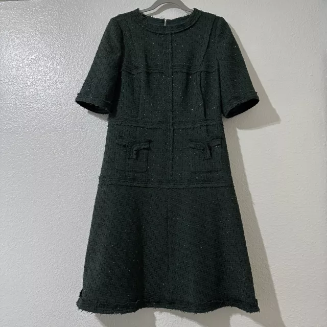 Rickie Freeman Terri Jon Green Metallic Tweed Short-Sleeve Cocktail Dress Sz 12