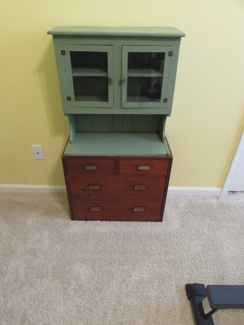 Vintage Child Step Back Kitchen Cabinet Cupboard Glass Doors Drawers