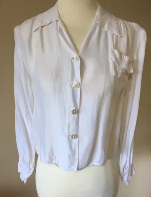 Vintage 1940s White Rayon Classic Dagger Collar Flap Pocket Blouse Small As Is