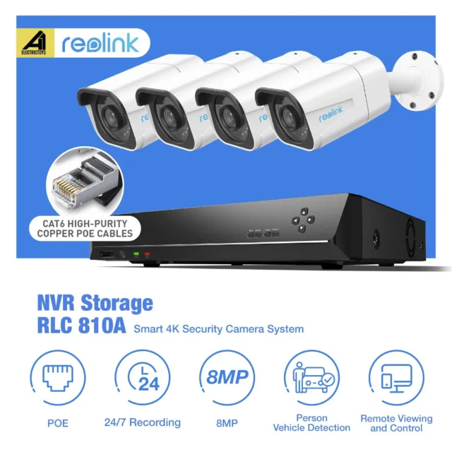 Reolink 8CH Smart 4K Security Camera System 8MP PoE 24/7 Recording RLK8-810B4-A