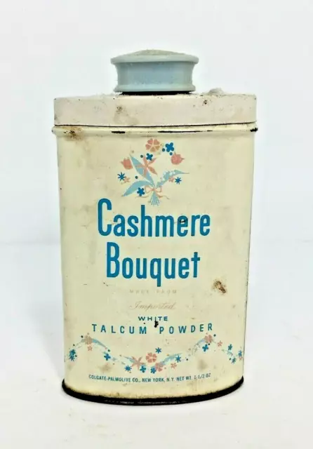 Vintage Cashmere Bouquet Litho Tin Colgate Palmolive Talcum Powder White w/Blue