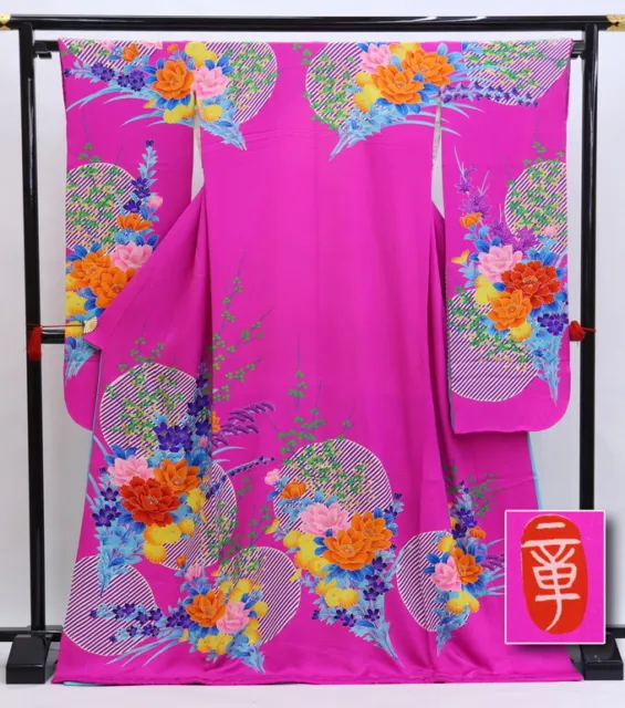 Japanese Silk Kimono Vintage Furisode Gold Magenta Chrysanthemum Moutan 69in.