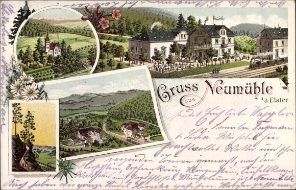 Litho Neumühle an der Elster, Gastwirtschaft, Teilansichten - 2850925