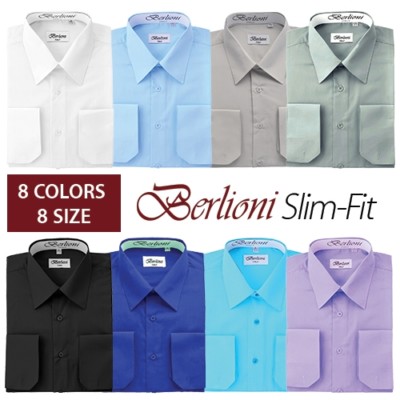 Berlioni Mens Regular Slim fit Convertible Cuff Solid Italian French Dress Shirt