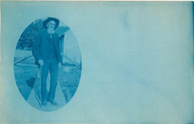 Old Man With A Cane / Walking Stick Old Cyanotype Real Photo Postcard View