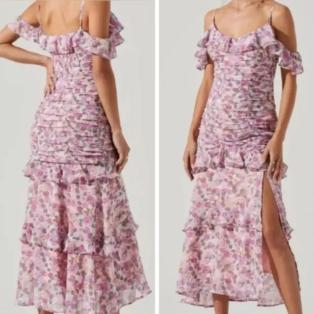 Revolve ASTR Daisy Dell Floral Ruffle Cold Shoulder Midi Dress - Size Small