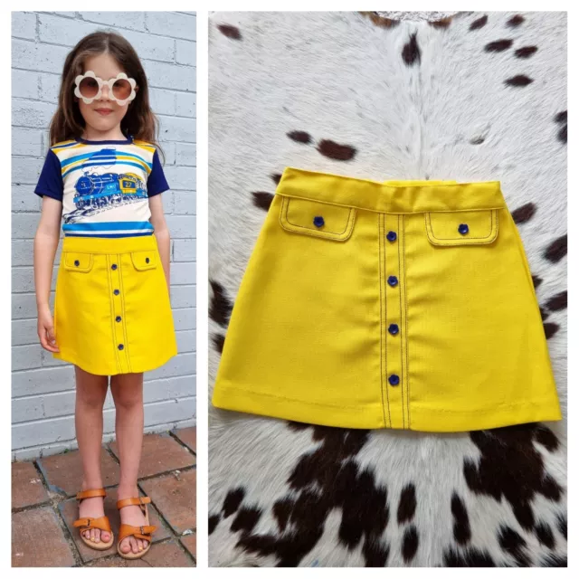 Vtg 1960S Retro 60S Yellow Flower Power Floral Button Girls Skirt Approx 5-6 Yrs