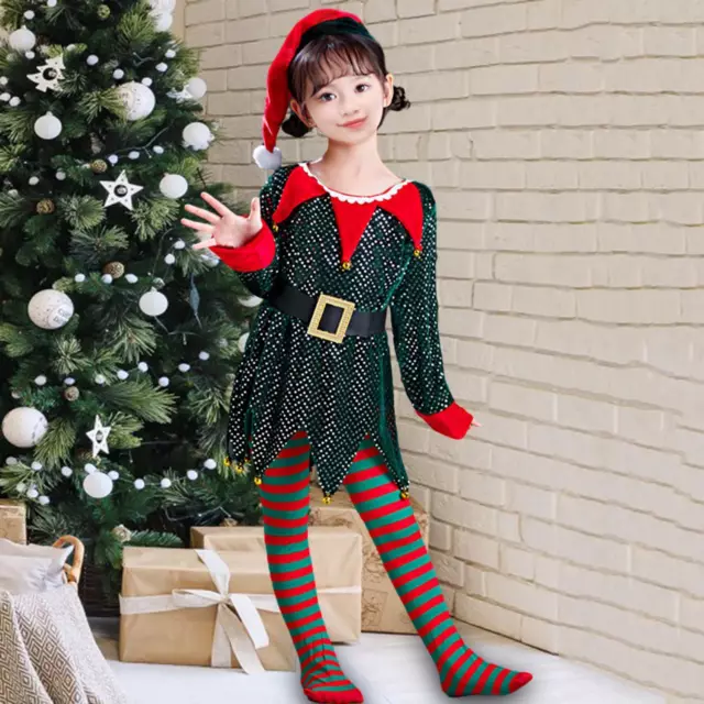 Déguisement Enfant Costume Fille Lutin de Noël Elfe Robe Chapeau à Grelots