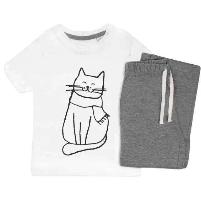'Cat With Scarf' Kids Nightwear / Pyjama Set (KP034549)