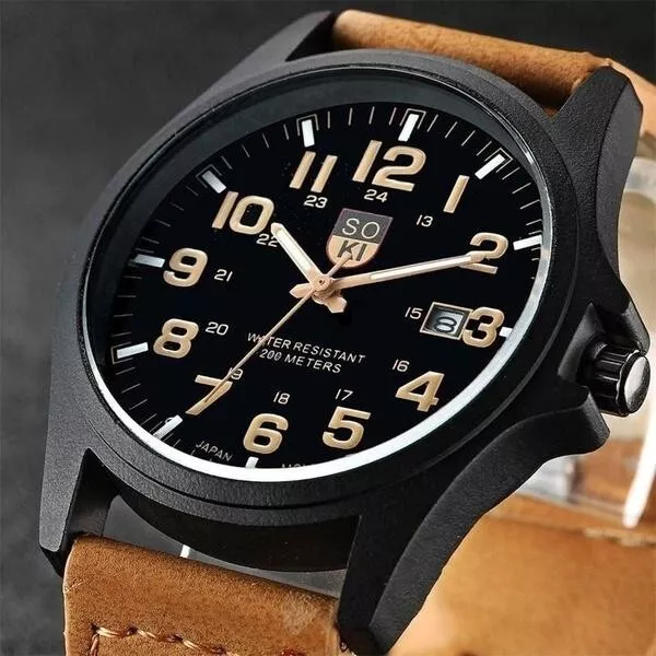 Men's Military Leather Date Quartz Analog Army Casual Dress Wrist Watches UK