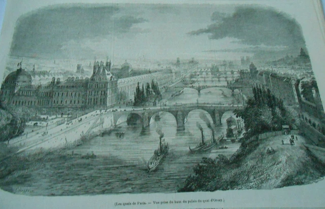 Gravure 1846 Les quais de Paris vue du palais du quai d'Orsay