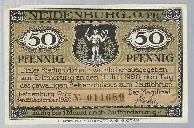 Notgeld - Stadt Neidenburg / OPr.(heute Nidzica in Polen) - 50 Pf. - 1920 - RAR