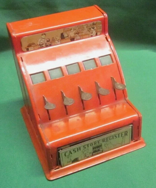 VINTAGE WORKING METAL CHILDS CASH REGISTER. WORKING. D. JRA Co., NYC "D"