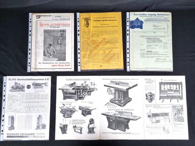 5 Werbeprospekte Holzverarbeitungsmaschinen um 1930/40 mehrseitig
