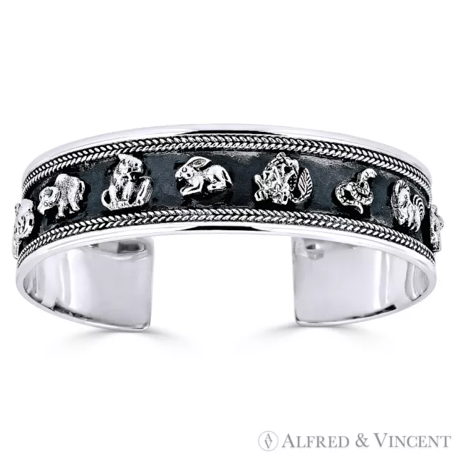 Chinesischer Tierkreis Tier Feng Shui schwerer Manschettenarmreif 0,925 Sterlingsilber Armband