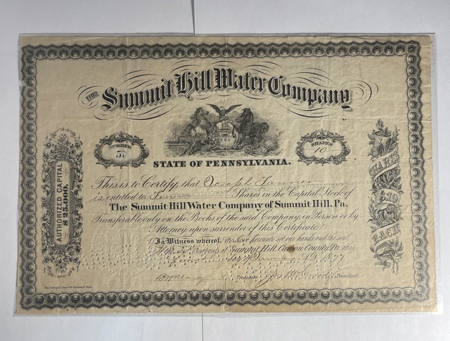 1877 Stock Certificate Signed by James McCready Summit Hill Water Company