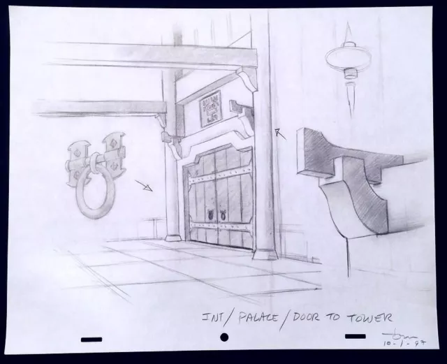 "Mulan" Pencil Concept Background Drawing Palace Interior Signed Tom Shannon