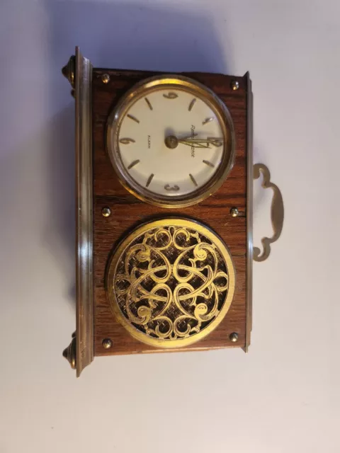 Vintage Remembrance Swiss Music Alarm Clock  in Brass Case with Real Wood