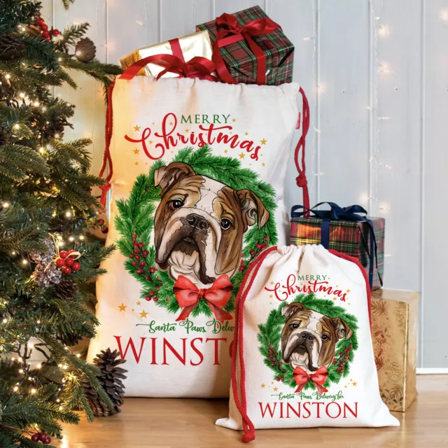 British Bulldog Christmas Sack Personalised Dog Xmas Santa Bag Puppy Gift DWS12