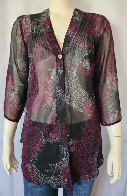 Chicos Womens Black Paisley Sheer 1 Button Kimono Cardigan Shawl Size 0 Small XS