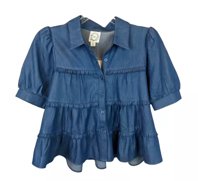 Francesca's Blue Rain Top  Tiered Ruffle Lightweight Denim Crop Shirt  NWT  XS