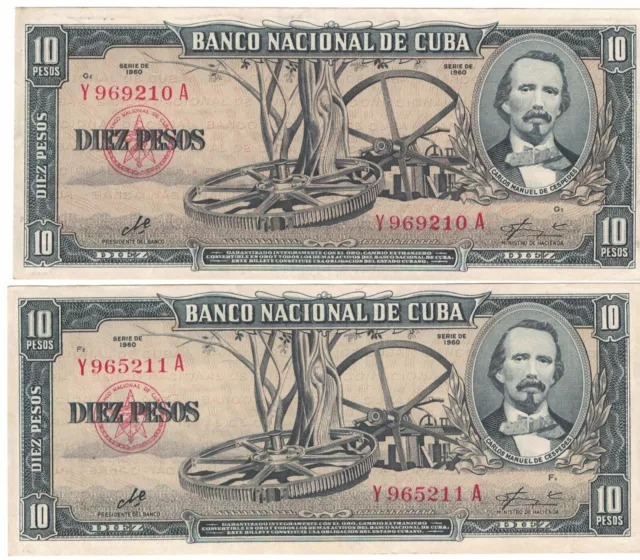 Coppia Banconote BANCO NACIONAL 10 PESOS 1960 serie continua Vintage America