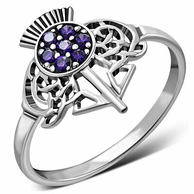 925 Sterling Silver Scotland Scottish Thistle Flower Ring Amethyst CZ Size 5-11