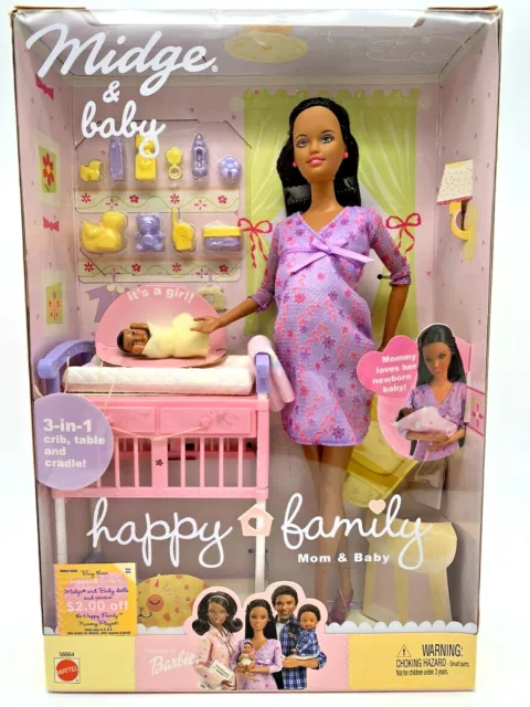 Happy Family Midge & Baby Barbie Doll African American Pregnant Belly  Nursery 74299566646