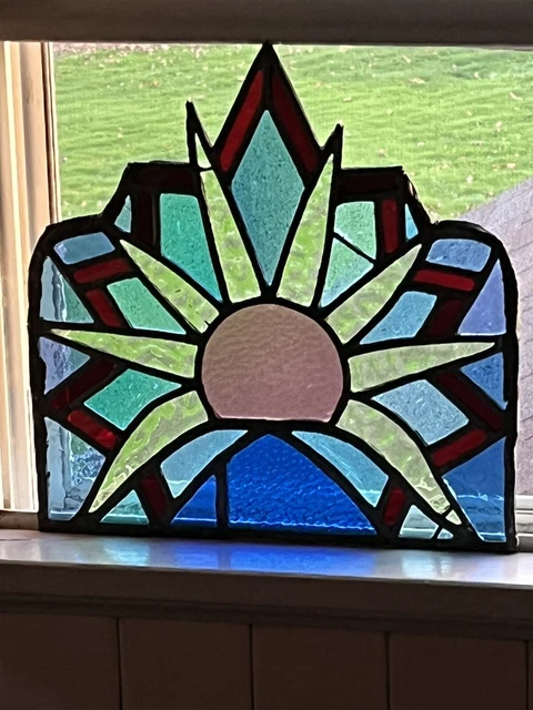 ANTIQUE STAINED LEADED GLASS CHURCH WINDOW SECTION FOR REPURPOSE 1930s SUNRISE
