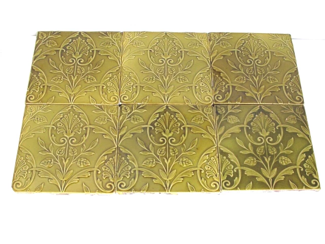6 Antique Minton Green Moulded Majolica Pattern Tiles 5 7/8" X 5 7/8"