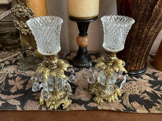 Pair Vintage Hollywood Regency Style Ornate Gold cast metal Candlestick Holders