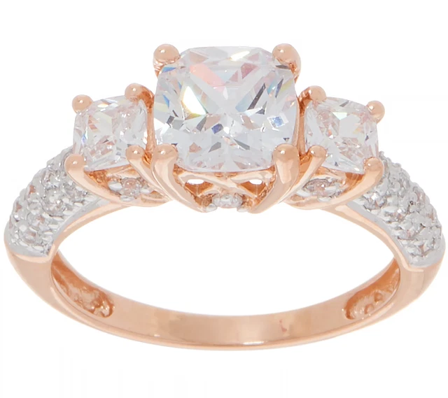 Diamonique CZ Three Stone Cushion Cut Ring Size 10 Sterling Silver