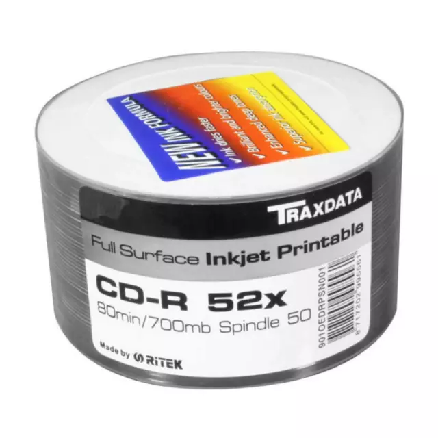 50 Traxdata Cd-R 52X Speed Full Face Inkjet Printable 80Min 700Mb Blank Discs