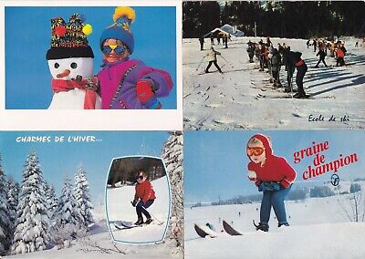 Lot de 4 cartes postales postcard SKI SKIEUR VACANCES NEIGE école de ski enfants