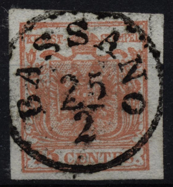 LOMBARDEI-VENETIEN 1850 15C, HP, Type III. BASSANO. Sehr schön!