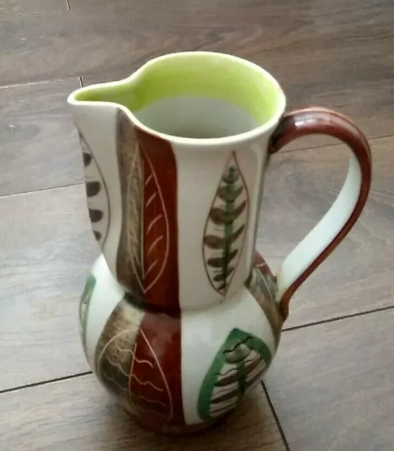 Vintage MCM Studio Handwerker Steinzeug Krug Vase braun grün Blatt Design Sehr guter Zustand