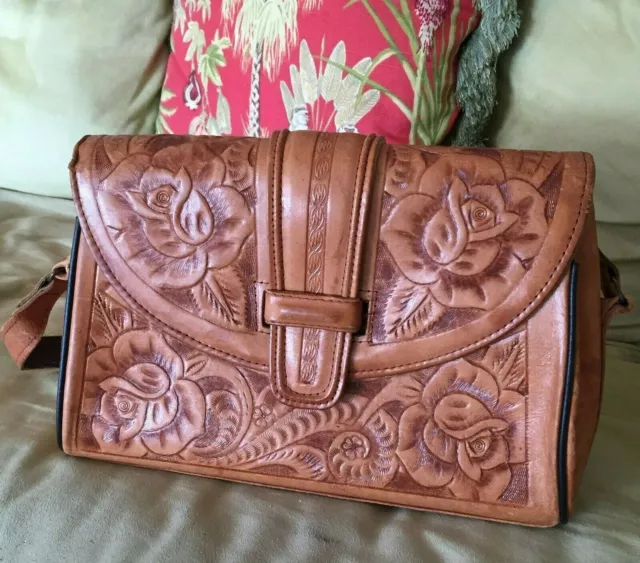 Vintage Genuine Leather Hand-tooled Embossed Mexican Handbag Adjustable Strap