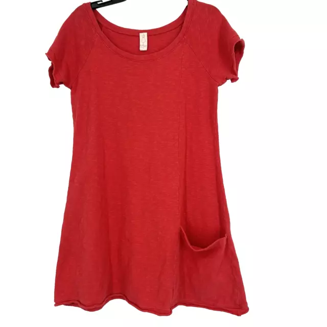 Chalet Red Shirt Dress Gauzy Cotton Lagenlook One Pocket Short Sleeve Size S