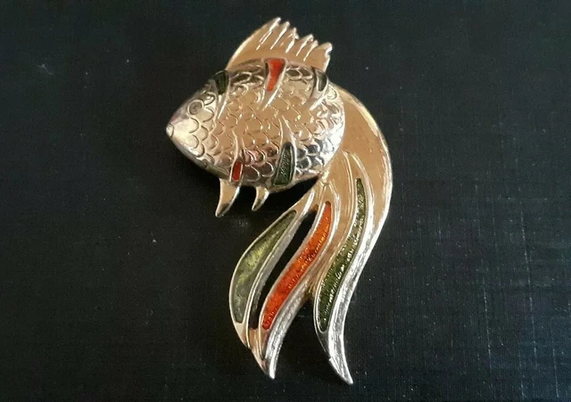 Broche Vintage Poisson Combattant Métal Argenté - Années 50, Très Bon état
