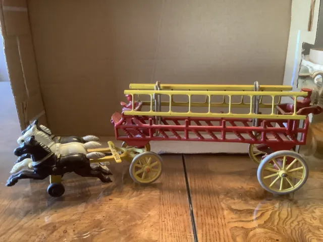 Vintage Cast Iron Horse Drawn Fire Wagon With Three Horses