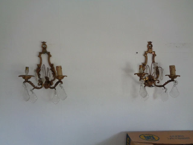ancienne paire d'appliques en bronze et pampilles forme lyre