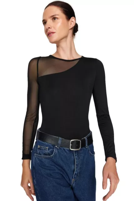 Body top donna inserti trasparenti nero bottoni a pressione manica lunga nuovo 2