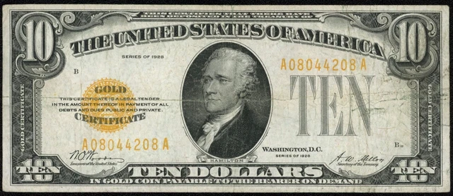 1928 $10 Ten Dollar Gold Certificate Note Fr#2400