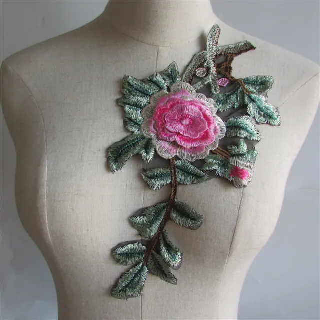 Pink Rose Flower Lace Collar Embroidered Neckline Trim Sew Patch Applique Craft