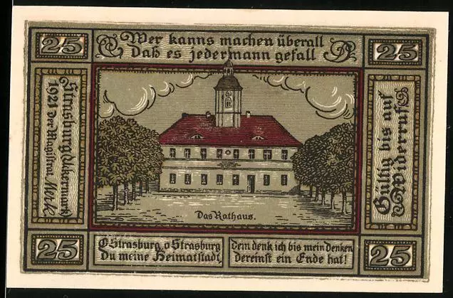 Notgeld Strasburg / Uckermark 1921, 25 Pfennig, Rathaus, Stadtpanorama und Wapp