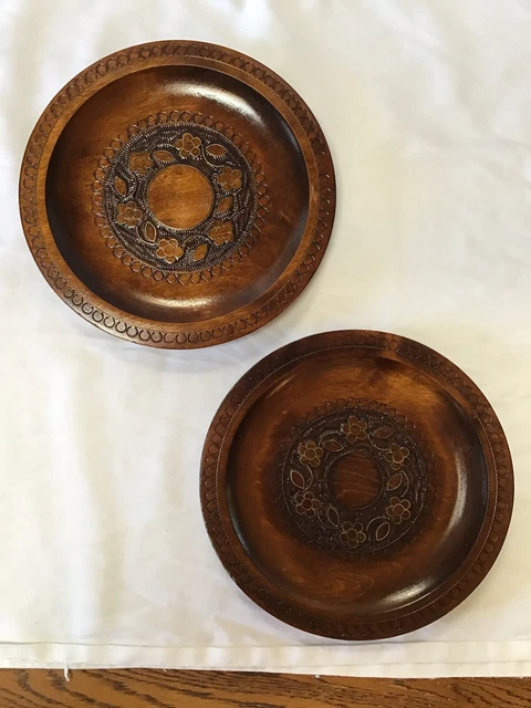 Pair Vintage Hand Carved Wood Plates Brass Inlay Polish 8 1/2” Floral Marquetry
