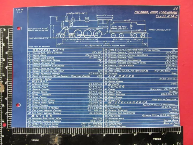 Atlantic Coast Line Railroad Orig Locomotive Blueprint #1006-1011 Data & Diagram